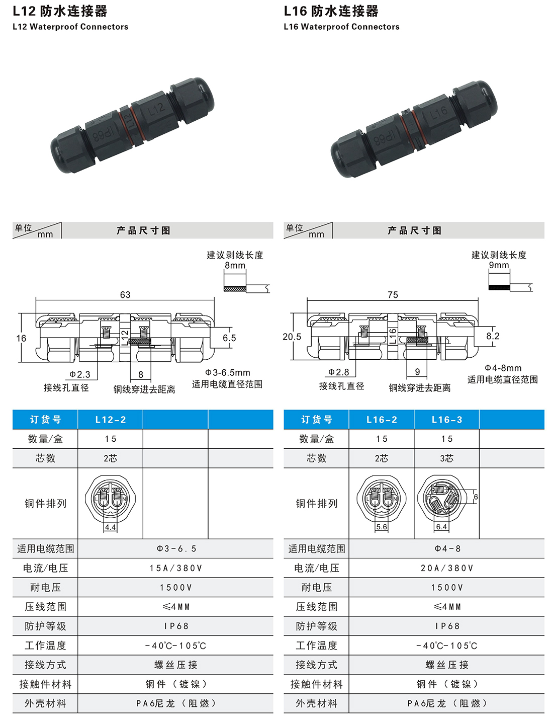 Parameters for L12-L16 2PIN 3PIN Waterproof Connector