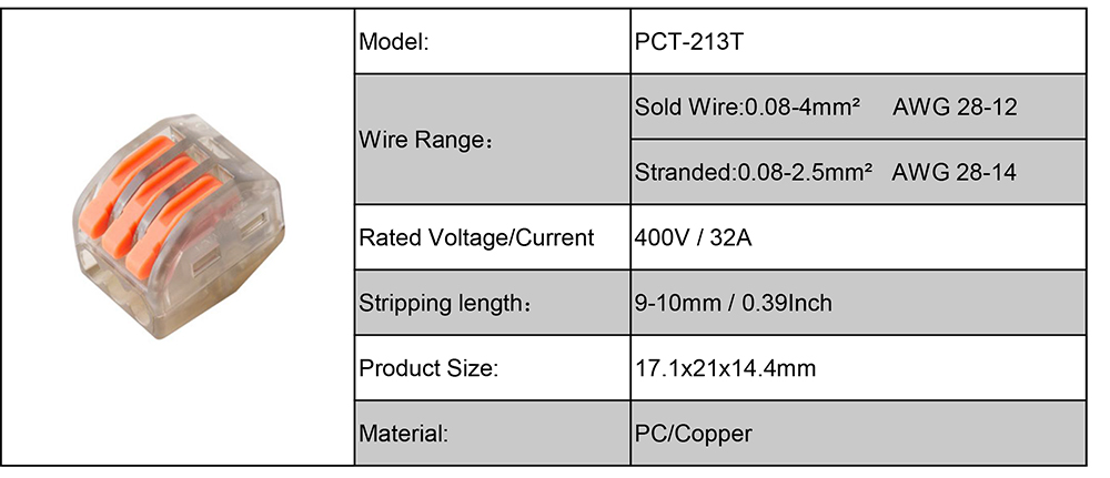 Connecteur de fil &agrave; &eacute;pissure rapide Pct-213 Pct-212 PCT-212, donn&eacute;es &eacute;lectriques